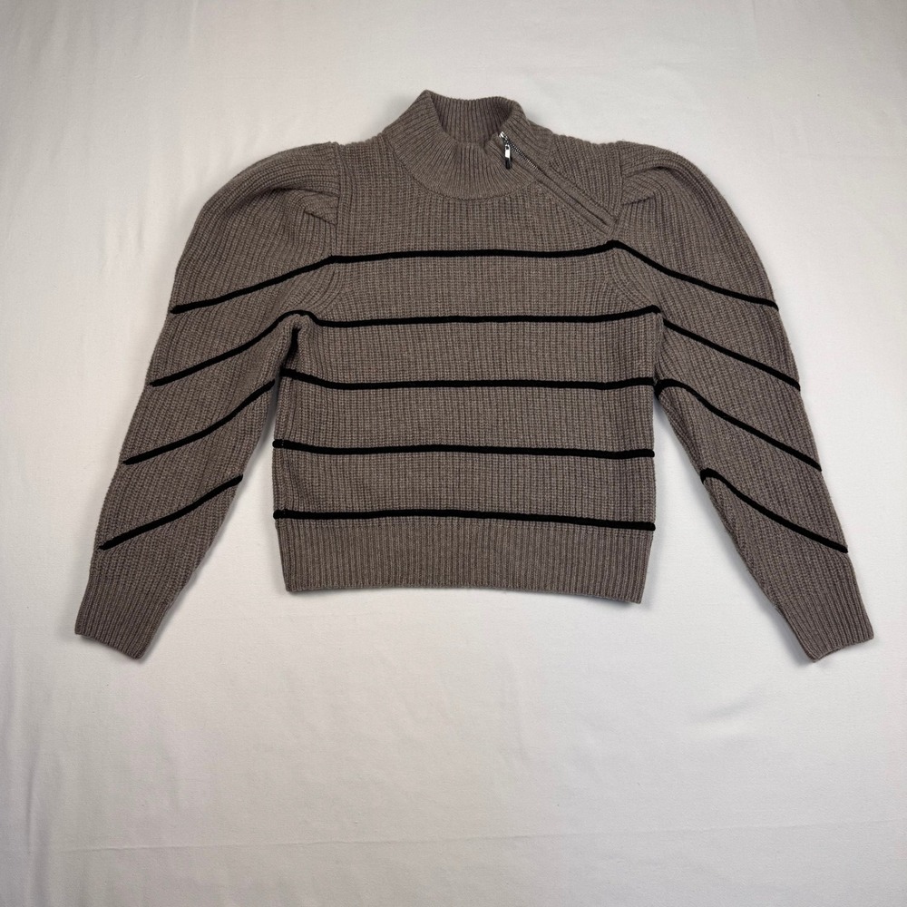 ba&sh Lady Pullover Women Size M Chamois Brown Stripe Puff Shoulder Zip Wool Yak - Picture 3 of 12